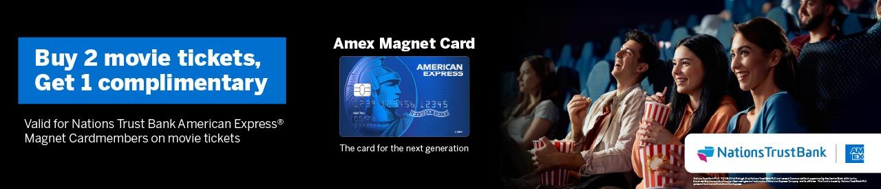 Buy 2 Get 1 Free on movie tickets for Nations Trust Bank Magnet American Express Credit Cards Online Movie Ticket Offer - BookMyShow